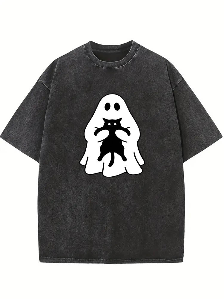 Halloween Boo Ghost Catches Cat Spooky Season Vibe Washed T-shirt