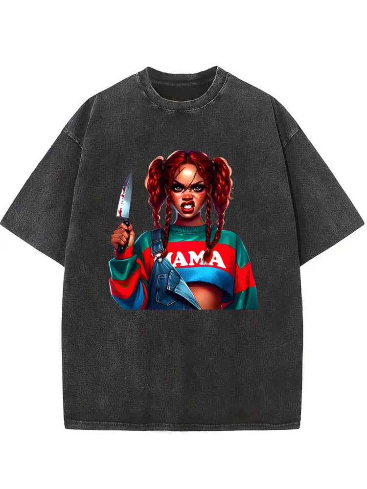 Scary Halloween Killer Mama Spooky Season Vibe Washed T-shirt
