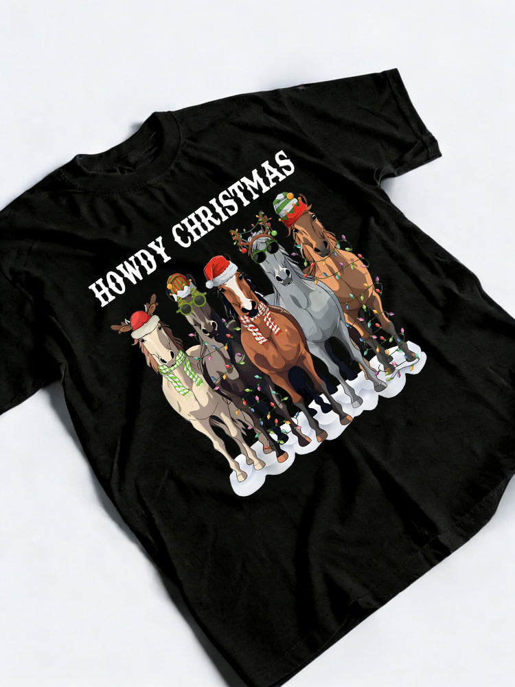 Howdy Horse Western Xmas Lights Santa Hat Christmas Gift T-shirt