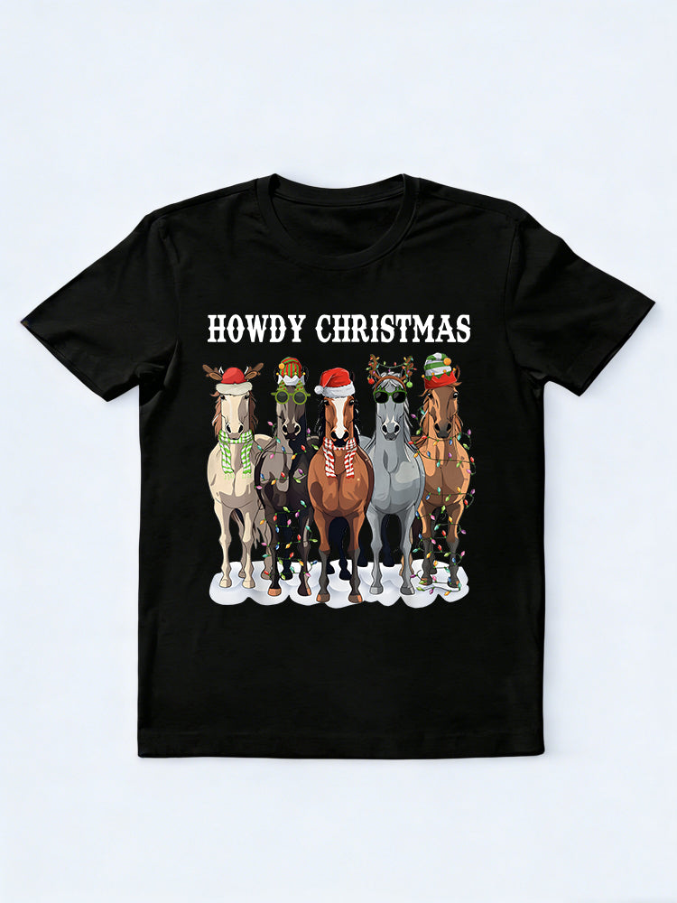 Howdy Horse Western Xmas Lights Santa Hat Christmas Gift T-shirt
