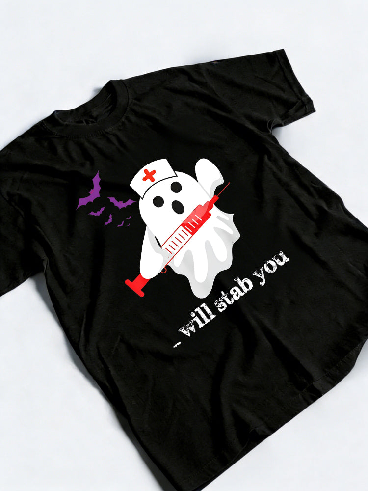 I Will Stab You Funny Halloween Ghost Phlebotomist Novelty Halloween Gift T-Shirt