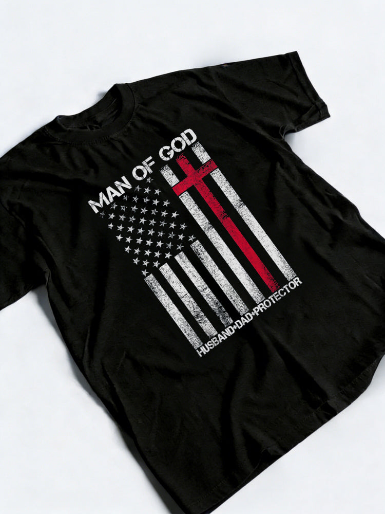 Man of God Husband Dad Protector Religious Cross Father's Day T-Shirt