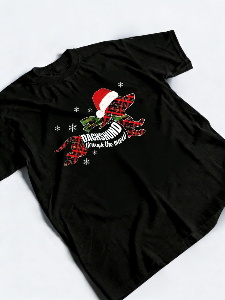 Merry Dachshund Dog Through Snow Plaid Christmas Gift T-shirt