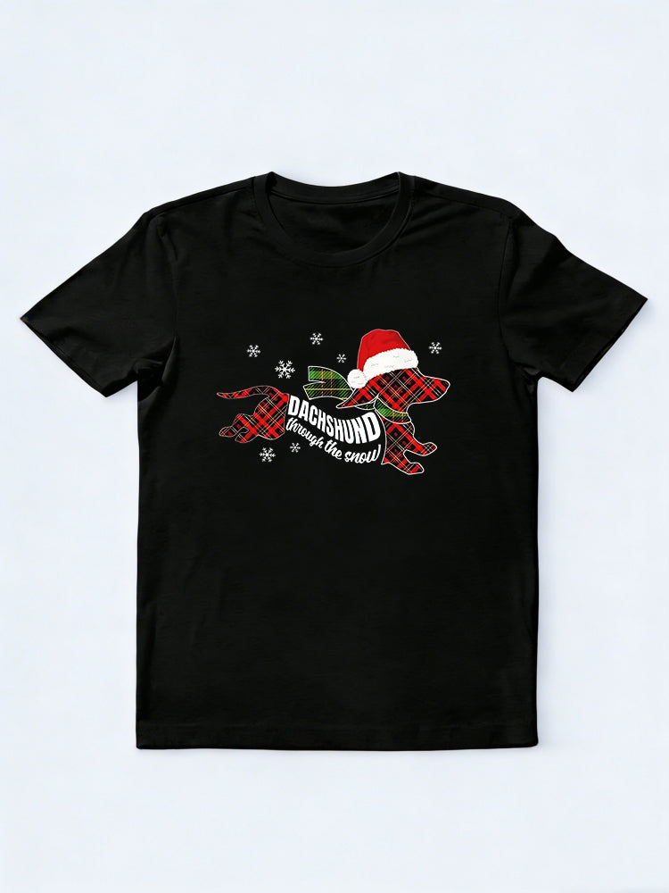 Merry Dachshund Dog Through Snow Plaid Christmas Gift T-shirt