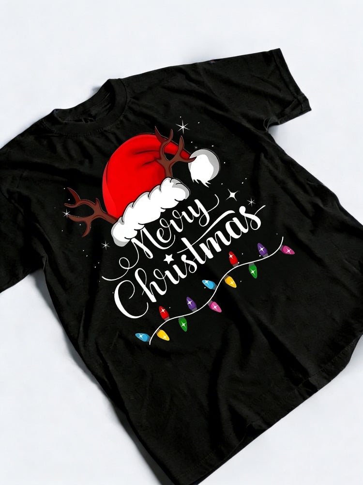 Merry Red Santa Hat Reindeer Christmas Gift T-shirt