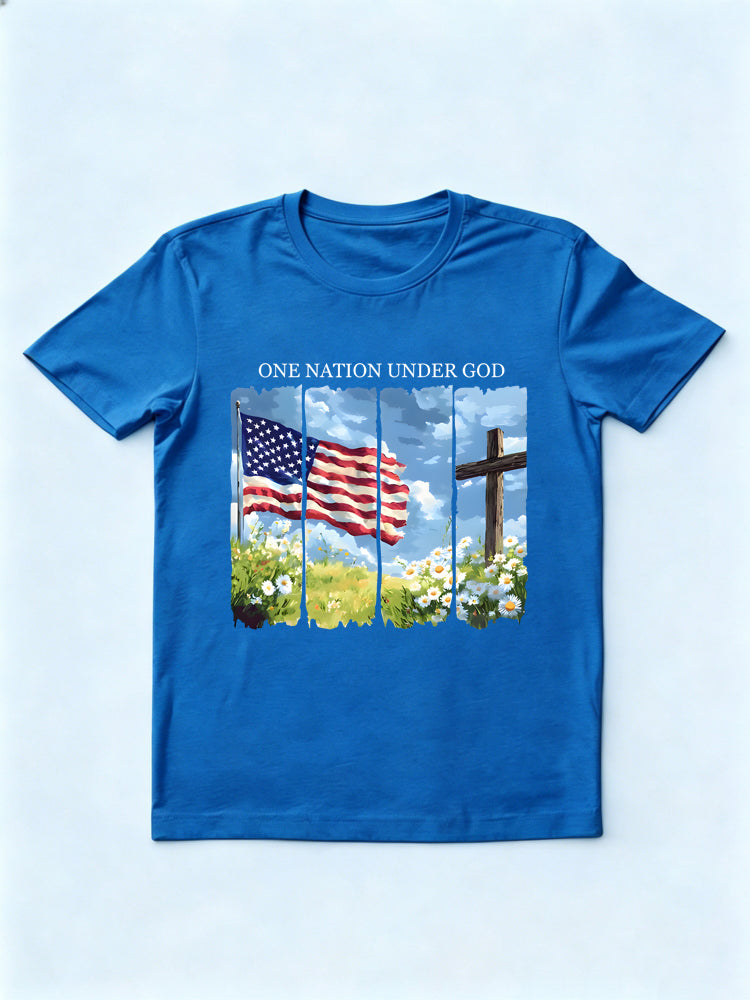 One Nation Under God American Flag Cross 4th of July Gift T-Shirt