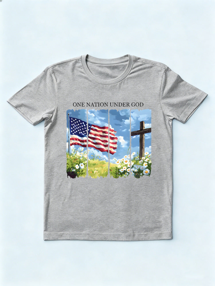 One Nation Under God American Flag Cross 4th of July Gift T-Shirt