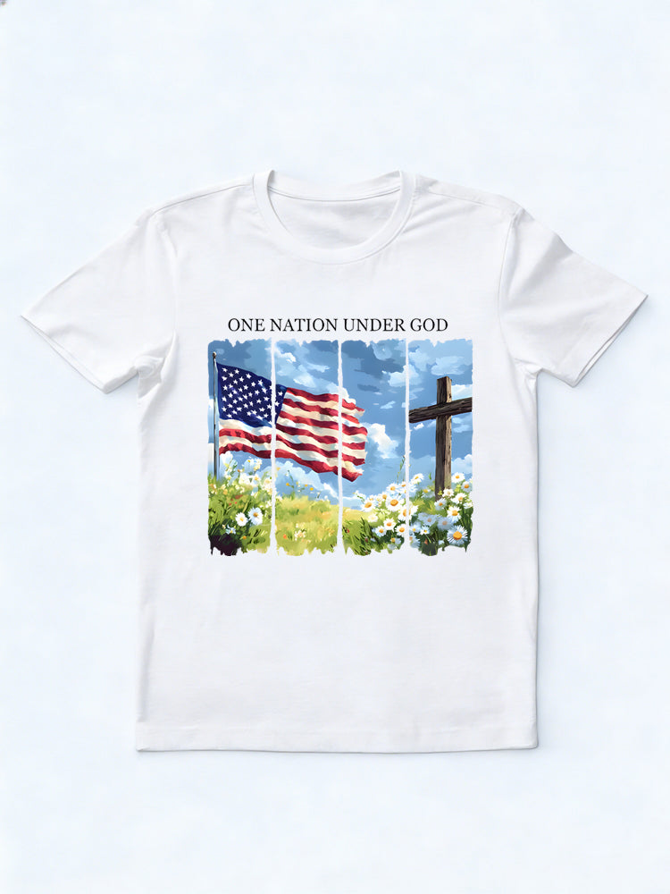One Nation Under God American Flag Cross 4th of July Gift T-Shirt