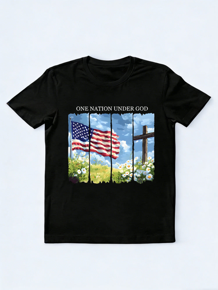 One Nation Under God American Flag Cross 4th of July Gift T-Shirt