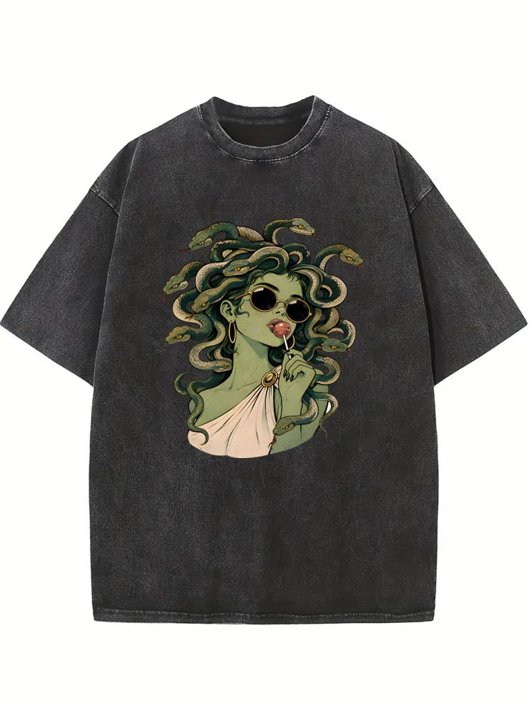 Retro Medusa Lollipop Spooky Season Halloween Vibe Washed T-shirt