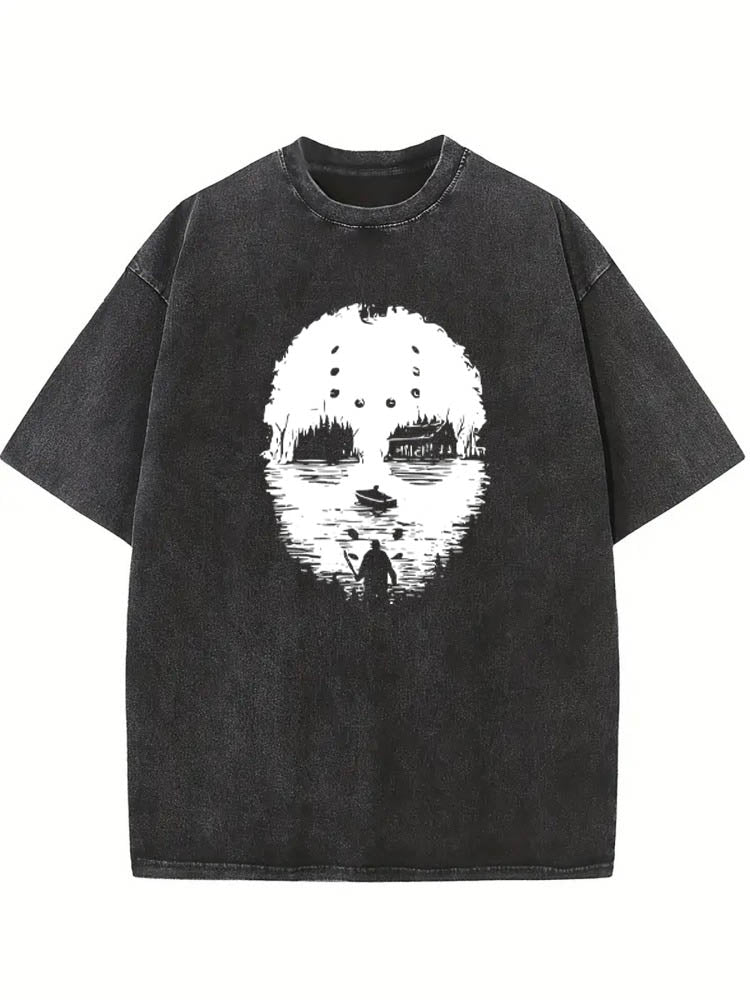 Scary Halloween Killer Lake Spooky Season Vibe Washed T-shirt