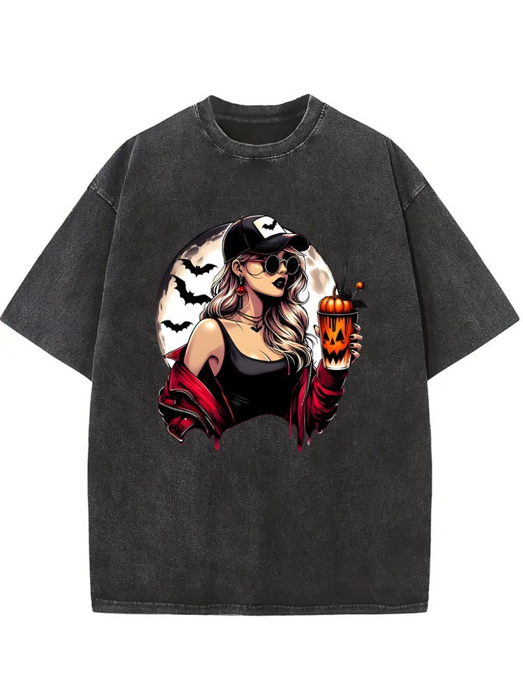 Spooky Girl Halloween Pumpkin Vibe Washed T-shirt