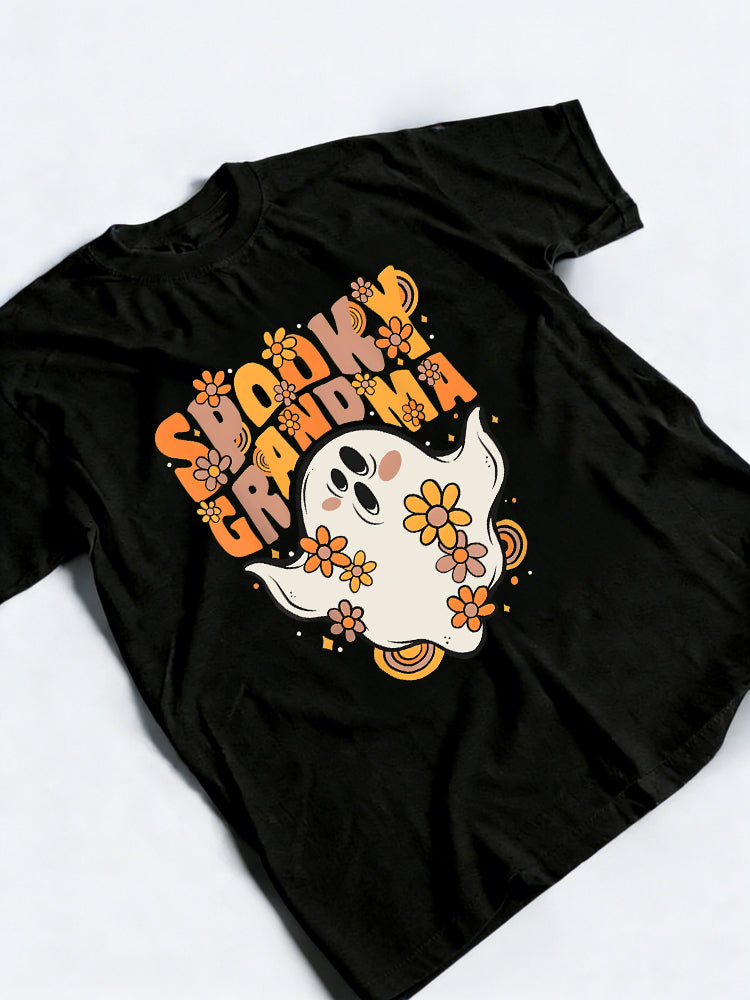 Spooky Grandma Groovy Ghost With Vintage Flowers Halloween Gift T-Shirt