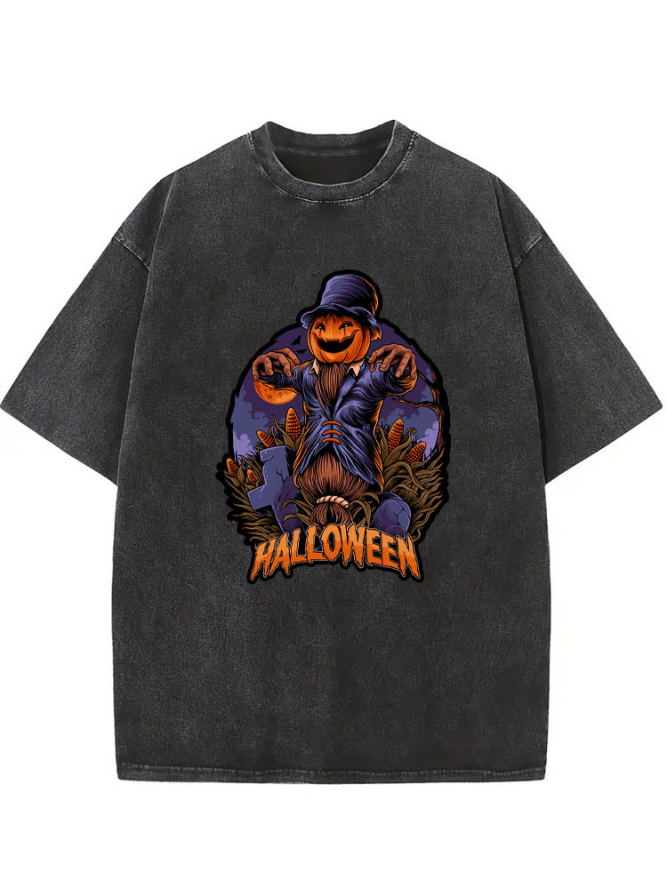 Spooky Season Jack-O Scary Scarecrow Halloween Vibe Washed T-shirt