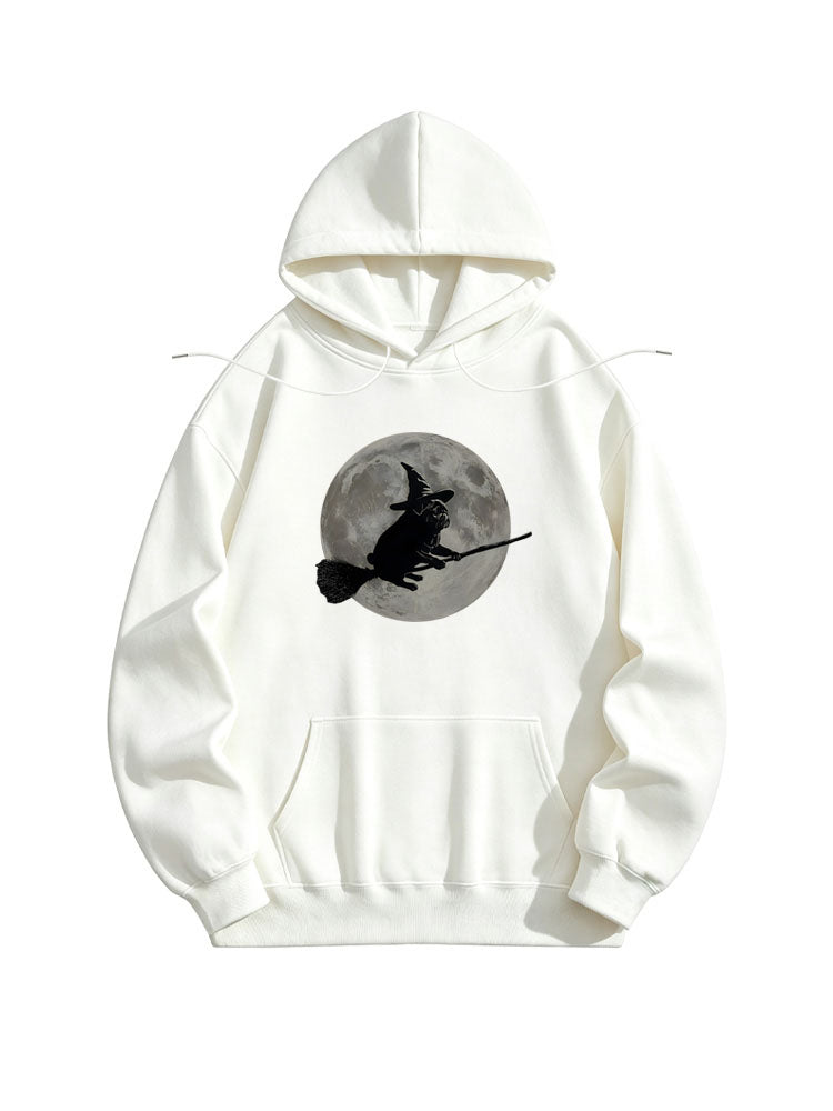 Spooky Season Wizard Hat Pug Moon Flying on Broomstick Halloween Vibe Hoodie