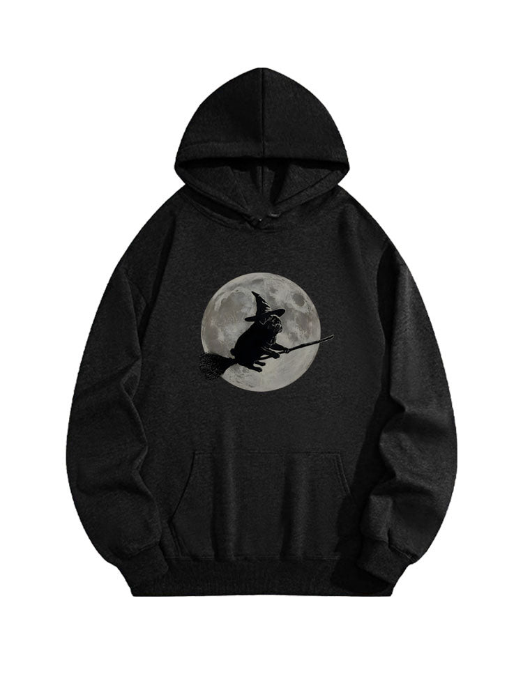 Spooky Season Wizard Hat Pug Moon Flying on Broomstick Halloween Vibe Hoodie