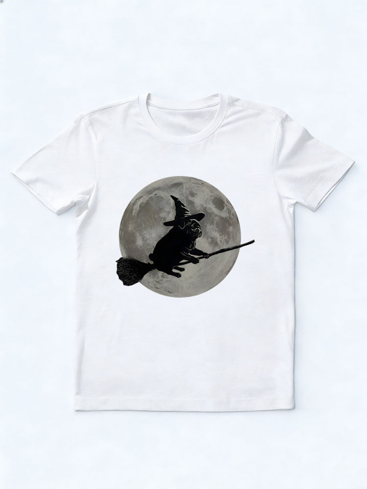 Spooky Season Wizard Hat Pug Moon Flying on Broomstick Halloween Vibe T-shirt