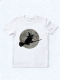 Spooky Season Wizard Hat Pug Moon Flying on Broomstick Halloween Vibe T-shirt