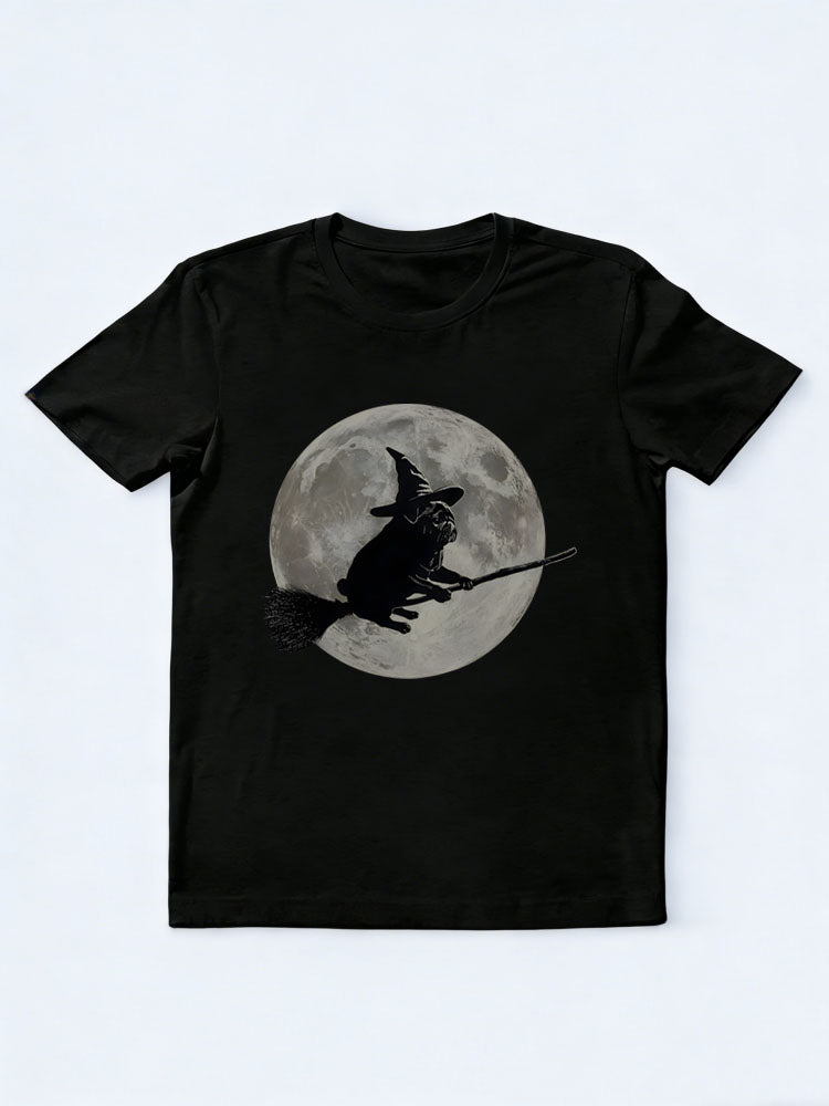 Spooky Season Wizard Hat Pug Moon Flying on Broomstick Halloween Vibe T-shirt