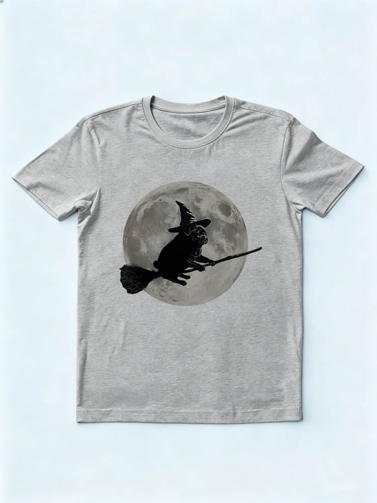 Spooky Season Wizard Hat Pug Moon Flying on Broomstick Halloween Vibe T-shirt