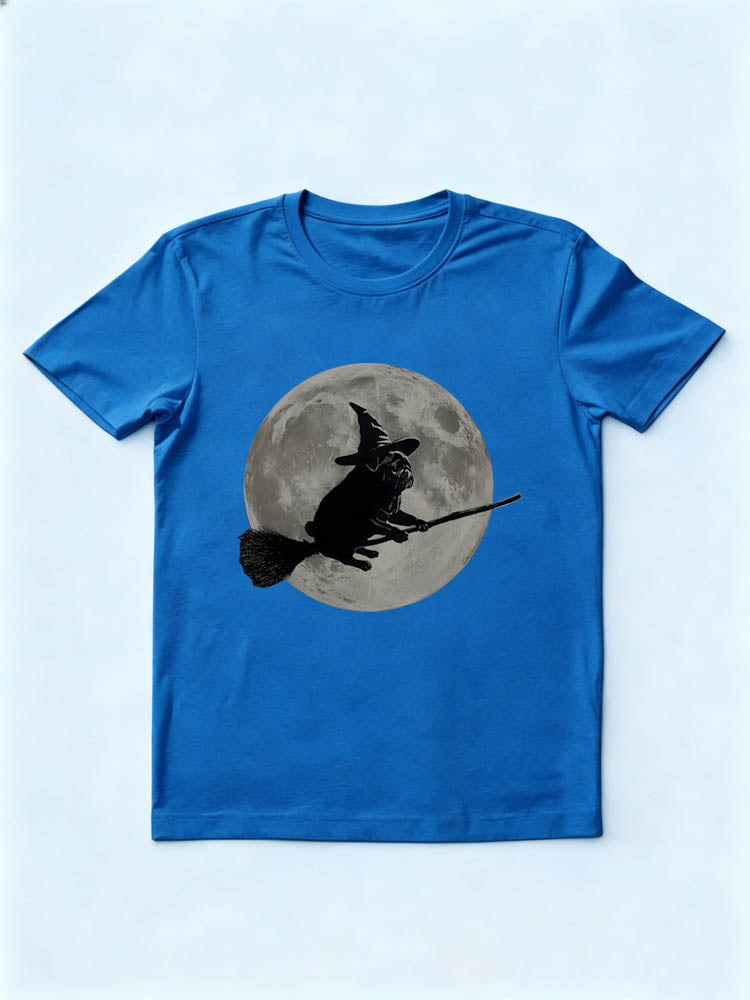 Spooky Season Wizard Hat Pug Moon Flying on Broomstick Halloween Vibe T-shirt