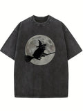 Spooky Season Wizard Hat Pug Moon Flying on Broomstick Halloween Vibe Washed T-shirt