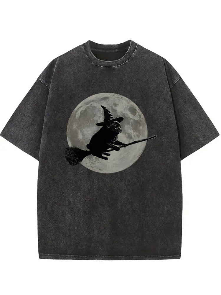 Spooky Season Wizard Hat Pug Moon Flying on Broomstick Halloween Vibe Washed T-shirt