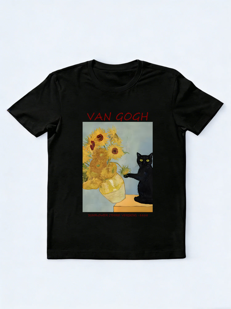 Van Gogh Sunflower Black Cat Version Back to School Family T-shirt