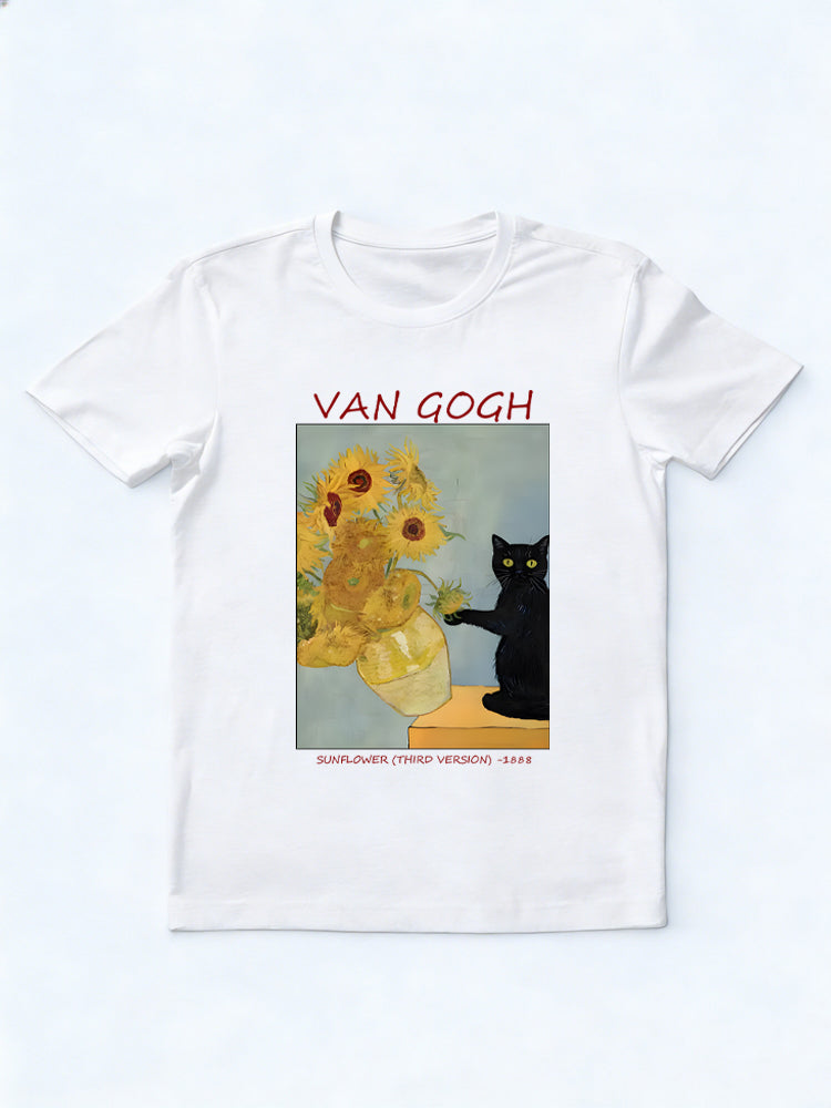 Van Gogh Sunflower Black Cat Version Back to School Family T-shirt