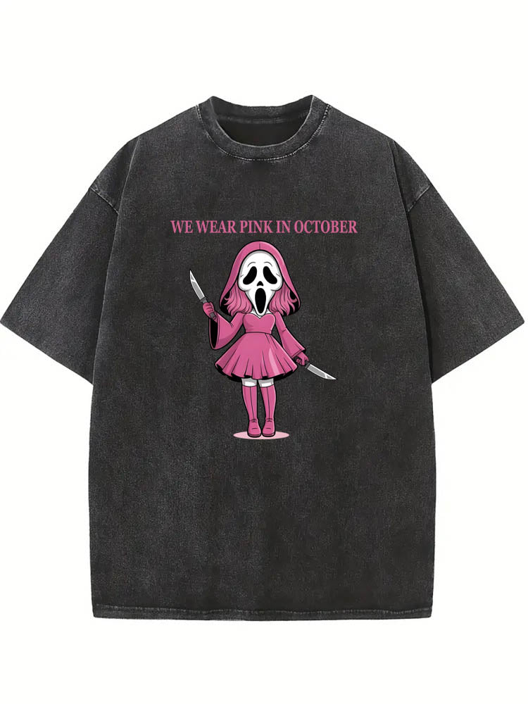 We Wear Pink In October Ghost Face Halloween Spooky Season Vibe Washed T-shirt