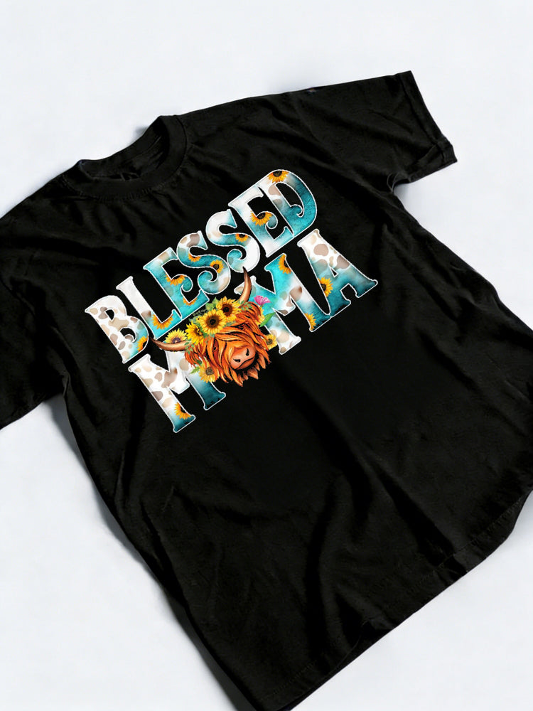 Western Blessed Cow Mama Cow Print Mom Mother's Day T-Shirt