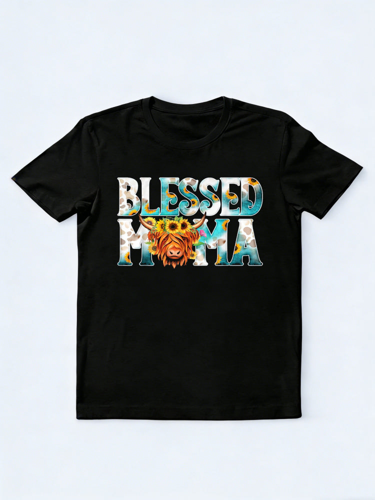 Western Blessed Cow Mama Cow Print Mom Mother's Day T-Shirt