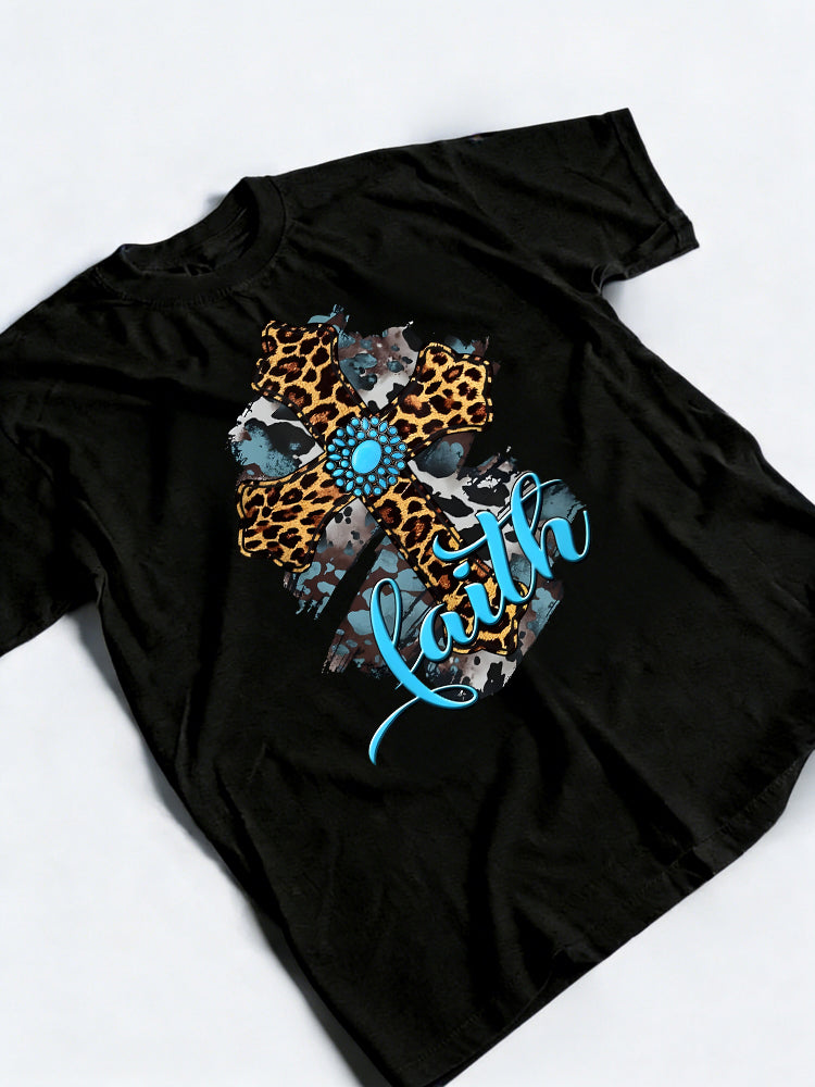 Western Boho Christian Turquoise Leopard Cross Jesus Gift Easter T-Shirt